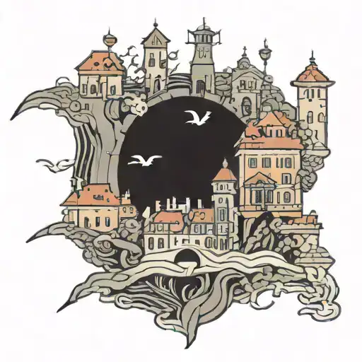 The city is surrounded by walls, a river flows through the middle of the city, and in the center of the city there is a  tattoo design idea