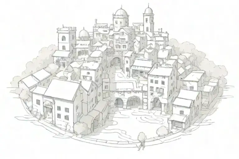 The city is surrounded by walls, a river flows through the middle of the city, and in the center of the city there is a  tattoo design idea