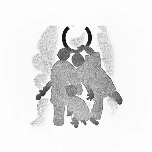 A minimalist design featuring a silhouette of a father and two sons holding hands tattoo design idea