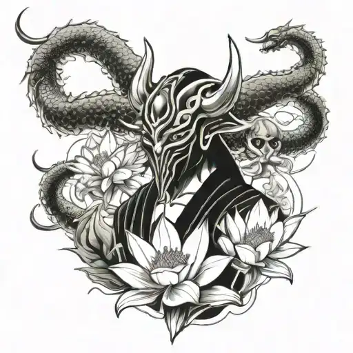 Japanese cyber samurai in a mask and a lotus and a dragon tattoo design idea