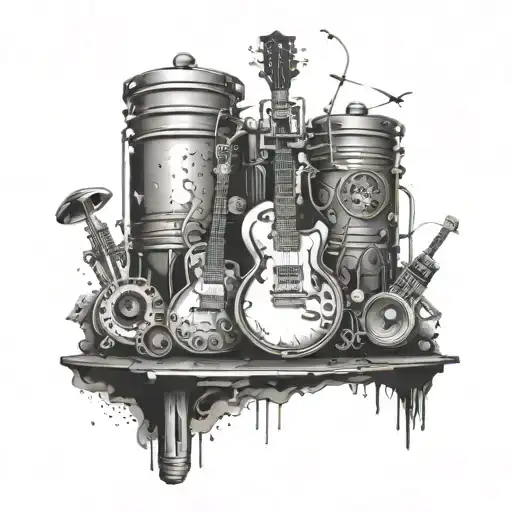 A dynamic composition of a pumping station with musical instruments like drums and guitars, reflecting your occupation and love for music tattoo design idea