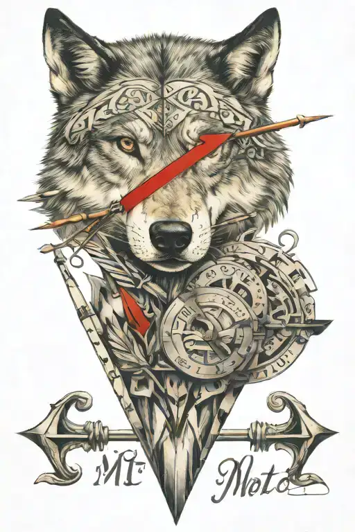 Wolf und der Text: "M T" wrapped evenly The 5 arrows tattoo design idea