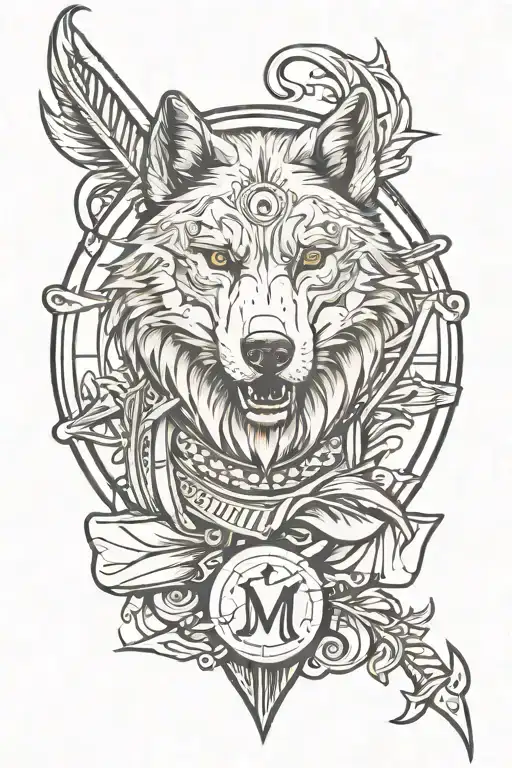 Wolf und der Text: "M T" wrapped evenly The 5 arrows tattoo design idea