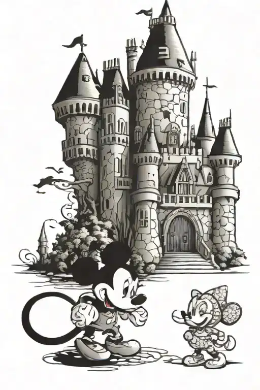 Disney characters in front of a castle surrounded tattoo design idea