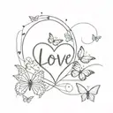 heart with word love surrounded by butterflies forming the shape tattoo design idea