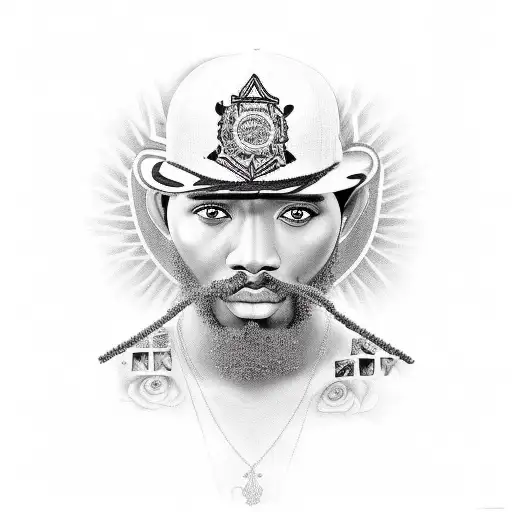 A realistic black and white portrait of Matuê surrounded by lyrics from his songs tattoo design idea