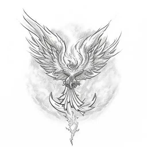 A sketch-style phoenix rising from a red and purple flame with trap and rap elements tattoo design idea