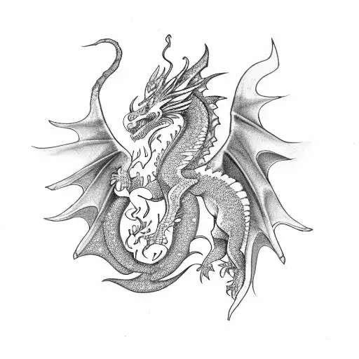 A dotwork dragon and phoenix intertwined, surrounded by lyrics from favorite trap and rap songs tattoo design idea