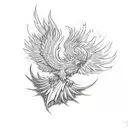 A sketch-style phoenix rising from a red and purple flame with trap and rap elements tattoo design idea