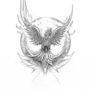 A sketch-style phoenix rising from a red and purple flame with trap and rap elements tattoo design idea
