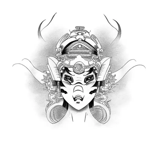 a new traditional beautiful Japanese geisha adorned with a half hannya mask tattoo design idea