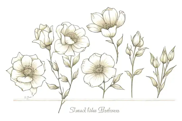 January, march, June, September and December birth flowers in a straight line tattoo design idea