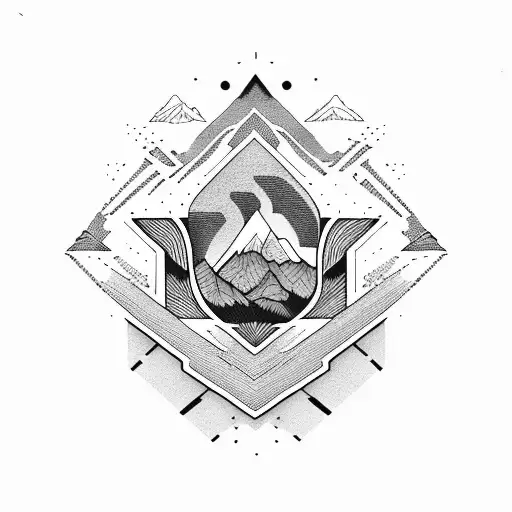 Mountains Tattoo And T-shirt Design. Mountain Wind Rose Compass Tattoo Art.  Travel, Adventure, Outdoors, Meditation Symbol. Road In The Mountains.  Tattoo For Camping, Tracking And Hiking Royalty Free SVG, Cliparts,  Vectors, and