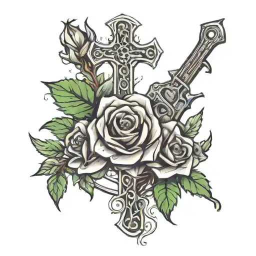 Rose, revolver, Irish Celtic cross surrounded tattoo design idea