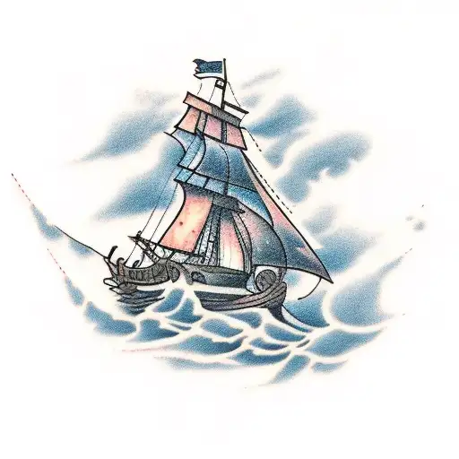 old wooden ship in stormy sea tattoo design idea