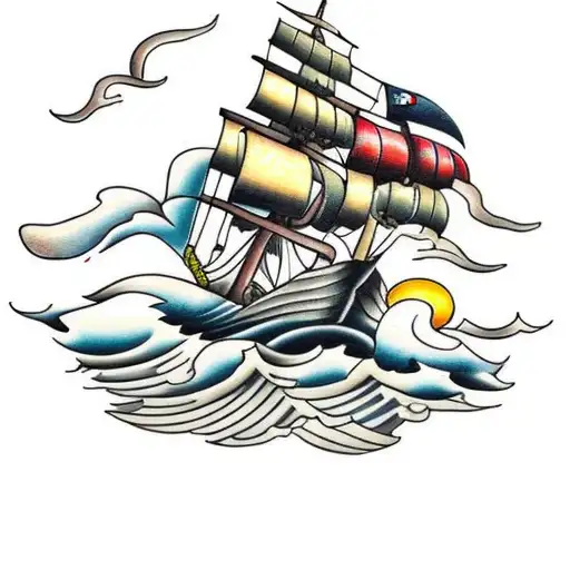 old wooden ship in stormy sea tattoo design idea