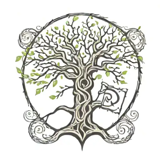 The letter "P" in viking runic with horror tree in the background tattoo design idea