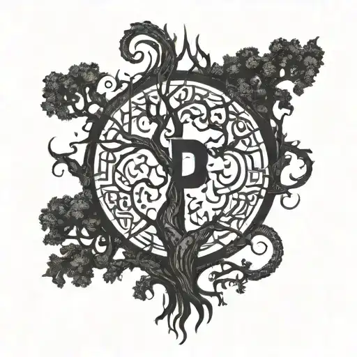 the letter "P" in runic style and background of horror theme tree tattoo design idea