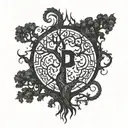 the letter "P" in runic style and background of horror theme tree tattoo design idea