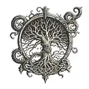 the letter "P" in runic style and background of horror theme tree tattoo design idea