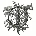 the letter "P" in runic style and background of horror theme tree tattoo design idea