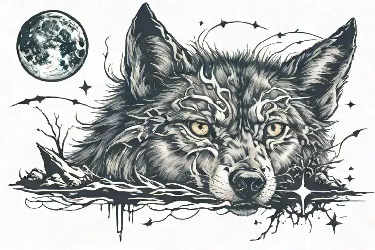 wolf & human eye, blue moon, lightening storm, acid house smiley, the name LEO & writing "As Long As Stars Are Above You tattoo design idea