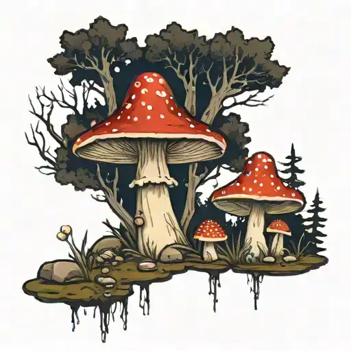 toadstools on the background of the forest at night tattoo design idea
