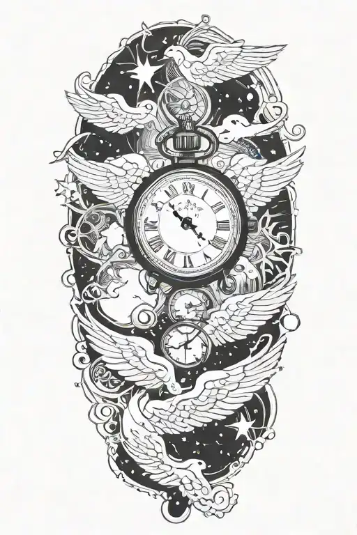 Cloud and Stars and Quotes and Time watch and Angel wings  tattoo design idea
