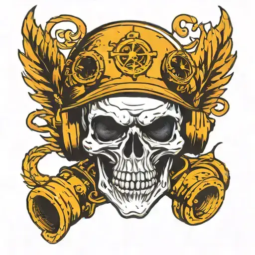 evil skull wearing a pilot helmet and goggles laughing tattoo design idea
