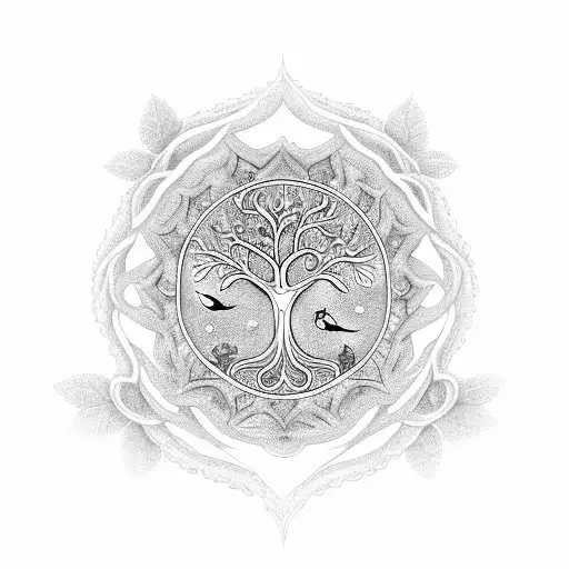A delicate and intricate design featuring the Tree of Life and a dove intertwined with biblical symbols and verses tattoo design idea