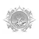 A delicate and intricate design featuring the Tree of Life and a dove intertwined with biblical symbols and verses tattoo design idea