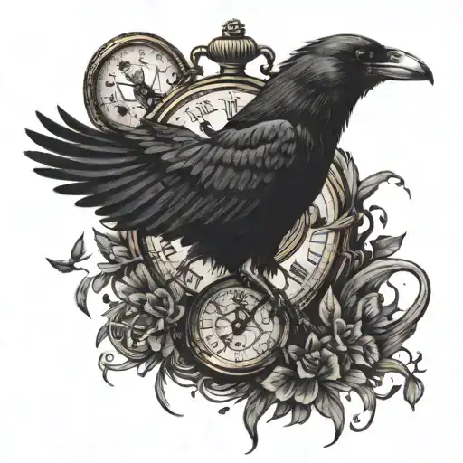A Tattoo where is a big crow sitting on pocket watch and from them flying out little crows represents seconds tattoo design idea