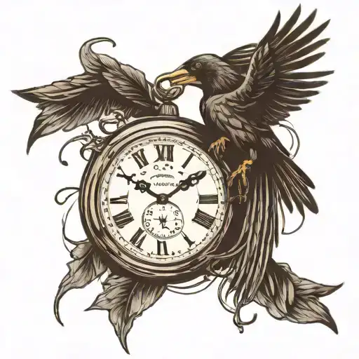 A Tattoo where is a big crow sitting on pocket watch and from them flying out little crows represents seconds tattoo design idea