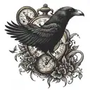 A Tattoo where is a big crow sitting on pocket watch and from them flying out little crows represents seconds tattoo design idea