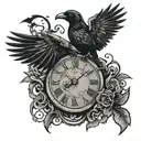A Tattoo where is a big crow sitting on pocket watch and from them flying out little crows represents seconds tattoo design idea