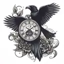 A Tattoo where is a big crow sitting on pocket watch and from them flying out little crows represents seconds tattoo design idea