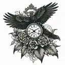 A Tattoo where is a big crow sitting on pocket watch and from them flying out little crows represents seconds tattoo design idea