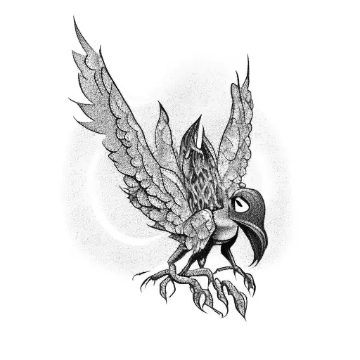 An enchanting tattoo of a mystical harpie perched on a rugged mountain peak, created in a captivating blackwork style. tattoo design idea