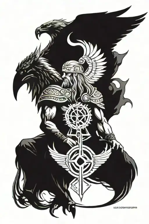 Odin symbol with valkyrie wings sitting tattoo design idea
