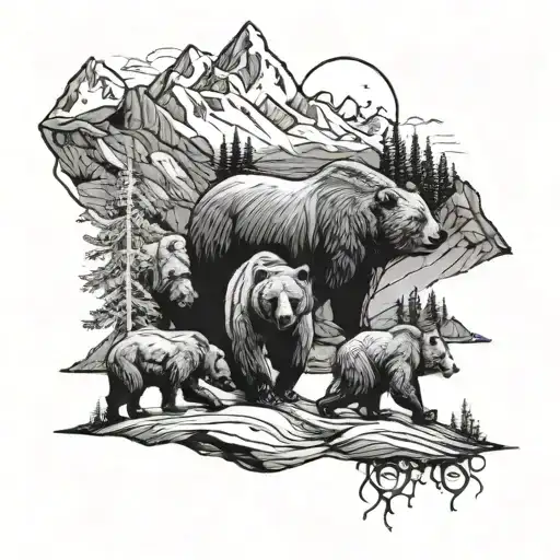 A mystical mountain range in the background with a trio of bears roaming in the foreground tattoo design idea