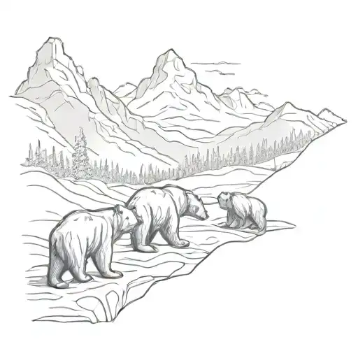 A mystical mountain range in the background with a trio of bears roaming in the foreground tattoo design idea
