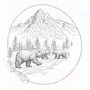 A mystical mountain range in the background with a trio of bears roaming in the foreground tattoo design idea