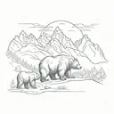 A mystical mountain range in the background with a trio of bears roaming in the foreground tattoo design idea