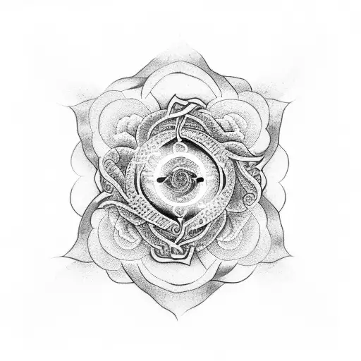 A dotwork tattoo of a snake and rose intertwined, forming a yin-yang symbol tattoo design idea