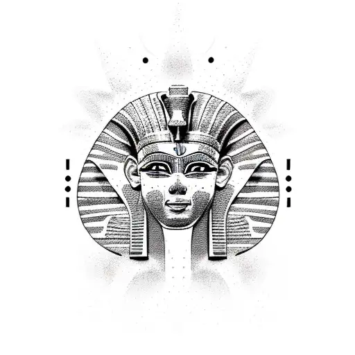A dotwork tattoo of a pharaoh's mask surrounded by hieroglyphics tattoo design idea