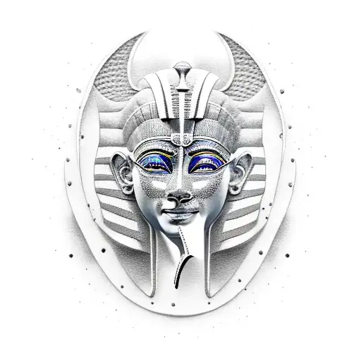 A dotwork tattoo of a pharaoh's mask surrounded by hieroglyphics tattoo design idea