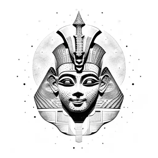 A dotwork tattoo of a pharaoh's mask surrounded by hieroglyphics tattoo design idea