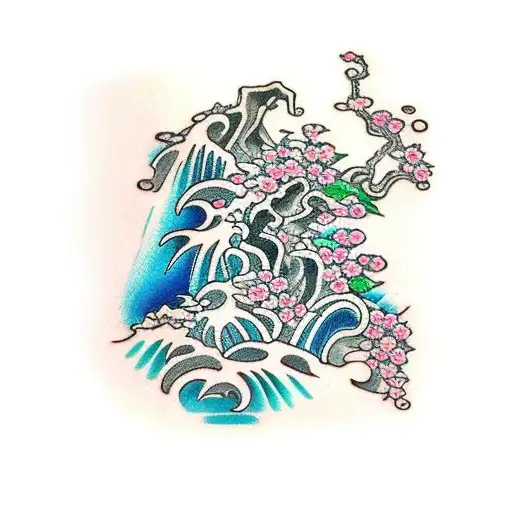 A traditional tattoo depicting a Japanese-inspired waterfall surrounded by lush greenery and adorned with cherry blossoms tattoo design idea
