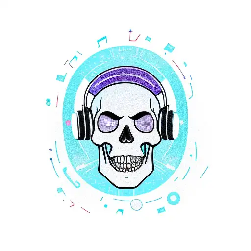 A new-school design featuring a music-themed hiking trail with colorful outdoor elements and a skull wearing headphones tattoo design idea
