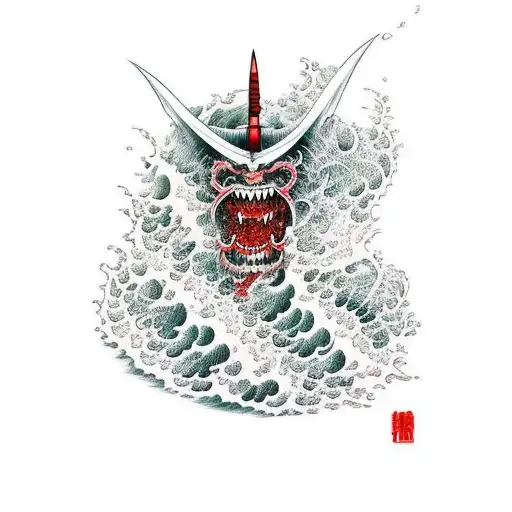 An oni demon surfing a wave tattoo design idea